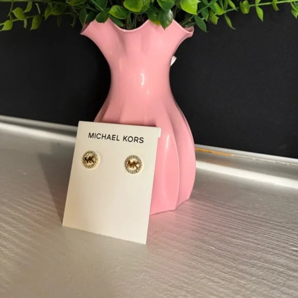 Michael Kors Gold MK Logo Stud Earrings Signature Round NWT - Picture 3 of 3